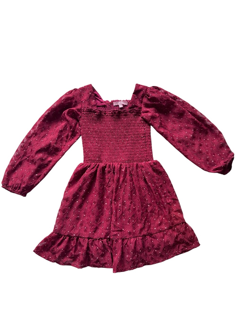 BCBG Girls Burgundy Smocked Puff Sleeve Dress 3T Fall Ruffle maroon princess